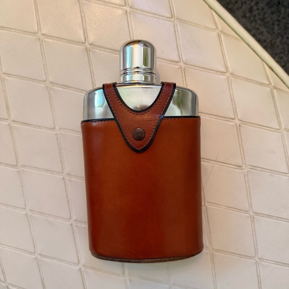 Vintage Saddler by Bosca Leather Flask Case w/ Glass Flask Retro Barware